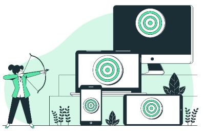 illustration of woman pointing bow and arrow at multiple devices with targets on them to represent a remarketing campaign
